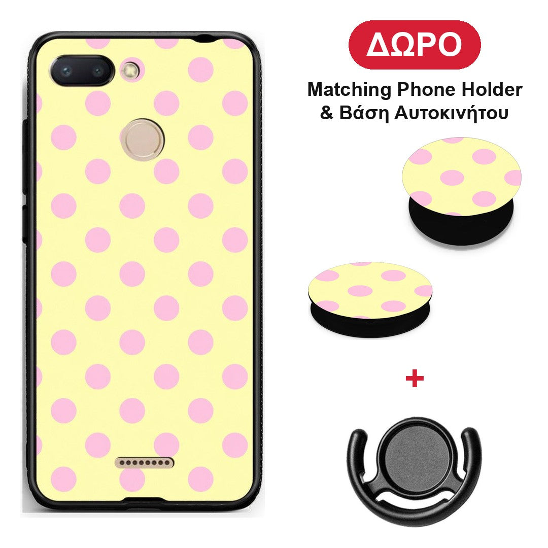 Pink Polka Dots on Yellow - Xiaomi Redmi 6 θήκη + Δώρο Phone Holder & Βάση Αυτοκινήτου