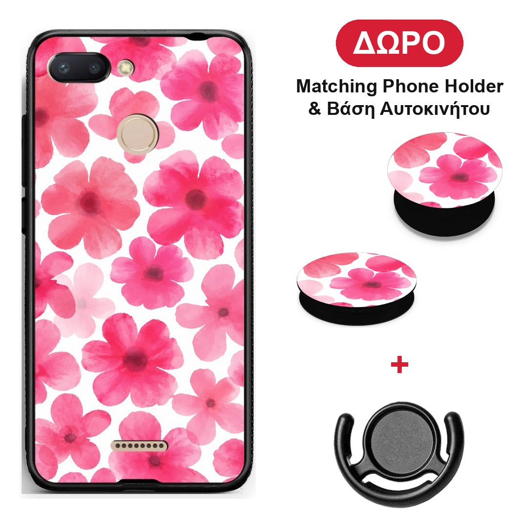 Pink Watercolour Flowers on White - Xiaomi Redmi 6 θήκη + Δώρο Phone Holder & Βάση Αυτοκινήτου