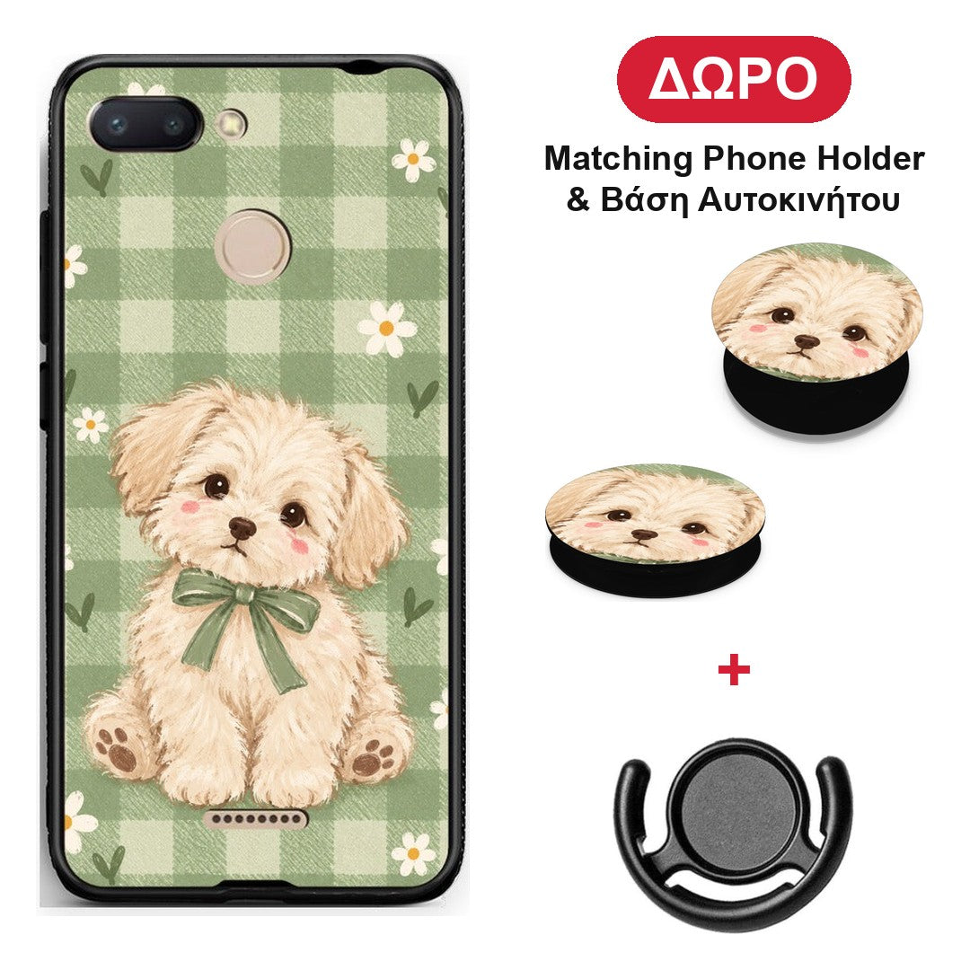 Puppy and Daisies on Sage Gingham - Xiaomi Redmi 6 θήκη + Δώρο Phone Holder & Βάση Αυτοκινήτου