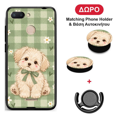 Puppy and Daisies on Sage Gingham - Xiaomi Redmi 6 θήκη + Δώρο Phone Holder & Βάση Αυτοκινήτου
