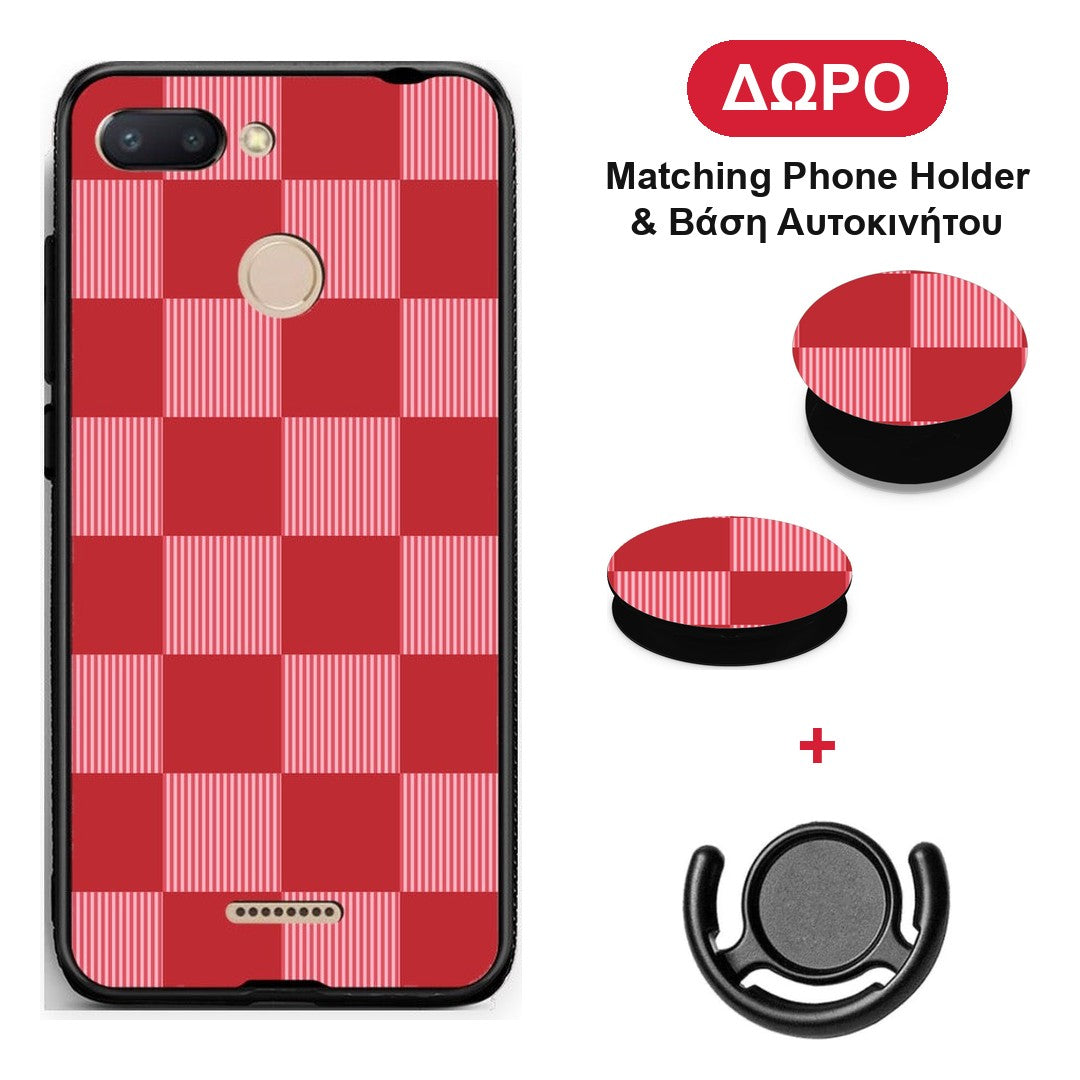 Red and Pink Striped Checks - Xiaomi Redmi 6 θήκη + Δώρο Phone Holder & Βάση Αυτοκινήτου