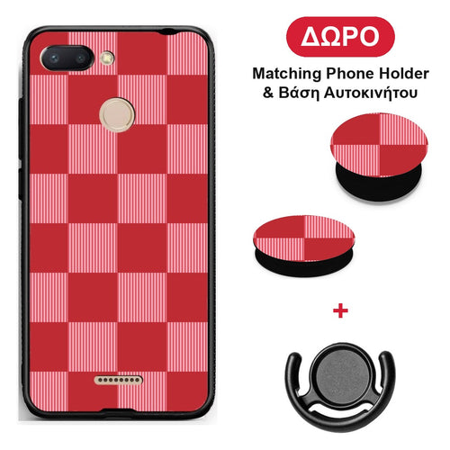 Red and Pink Striped Checks - Xiaomi Redmi 6 θήκη + Δώρο Phone Holder & Βάση Αυτοκινήτου
