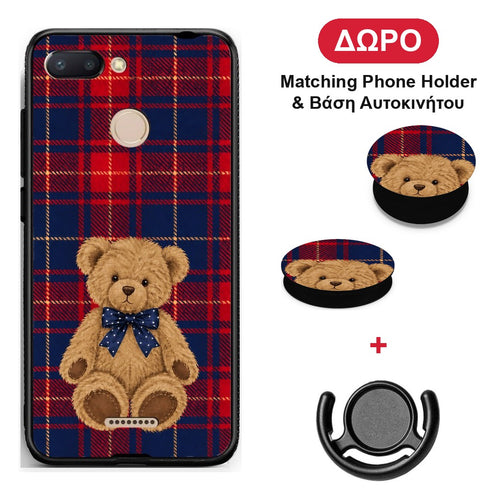 Teddy Bear on Red and Navy Tartan - Xiaomi Redmi 6 θήκη + Δώρο Phone Holder & Βάση Αυτοκινήτου