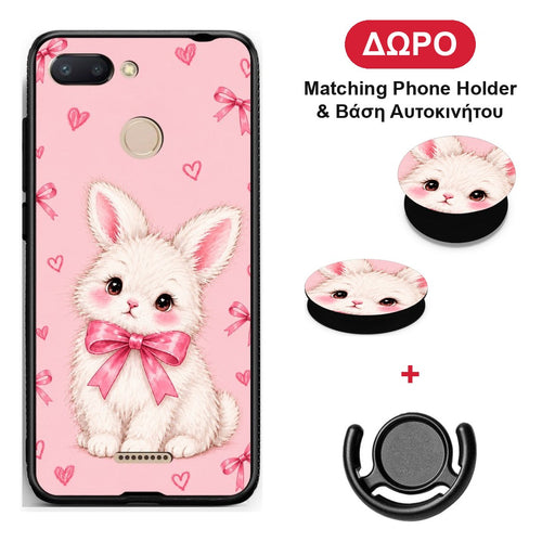 White Bunny and Pink Bows - Xiaomi Redmi 6 θήκη + Δώρο Phone Holder & Βάση Αυτοκινήτου