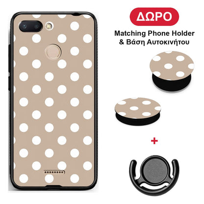 White Polka Dots on Taupe - Xiaomi Redmi 6 θήκη + Δώρο Phone Holder & Βάση Αυτοκινήτου