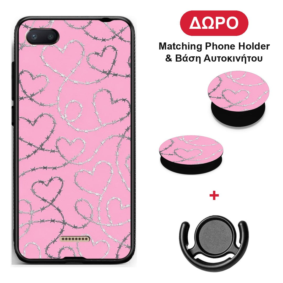 Barbed Wire Hearts on Pink - Xiaomi Redmi 6A θήκη + Δώρο Phone Holder & Βάση Αυτοκινήτου