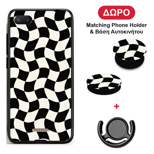 Black and Cream Wavy Checkerboard - Xiaomi Redmi 6A θήκη + Δώρο Phone Holder & Βάση Αυτοκινήτου