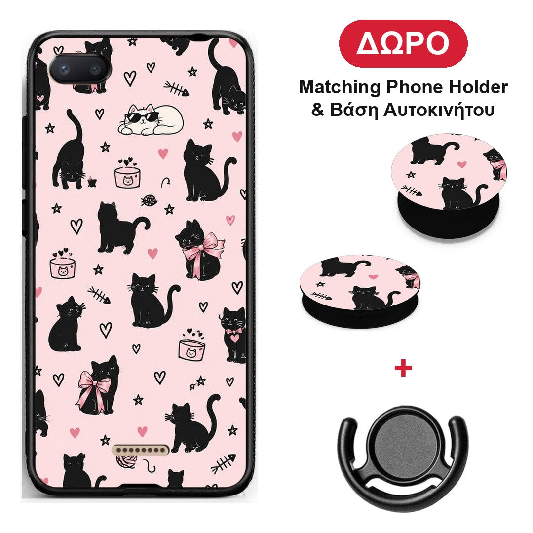 Black Cat Doodles on Pink - Xiaomi Redmi 6A θήκη + Δώρο Phone Holder & Βάση Αυτοκινήτου