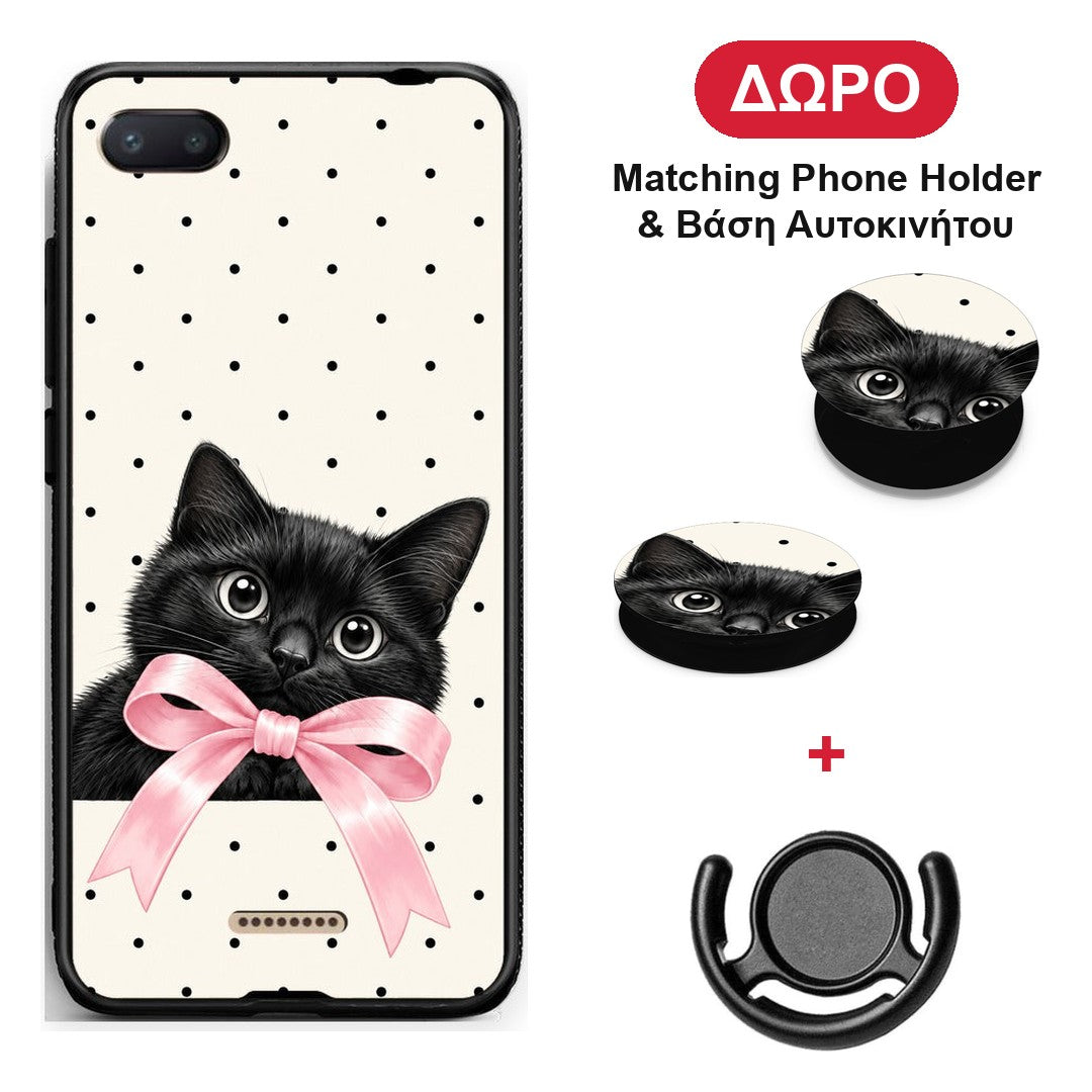Black Kitten Pink Bow and Polka Dots - Xiaomi Redmi 6A θήκη + Δώρο Phone Holder & Βάση Αυτοκινήτου