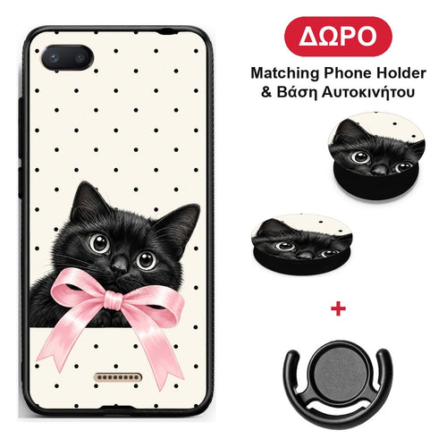 Black Kitten Pink Bow and Polka Dots - Xiaomi Redmi 6A θήκη + Δώρο Phone Holder & Βάση Αυτοκινήτου