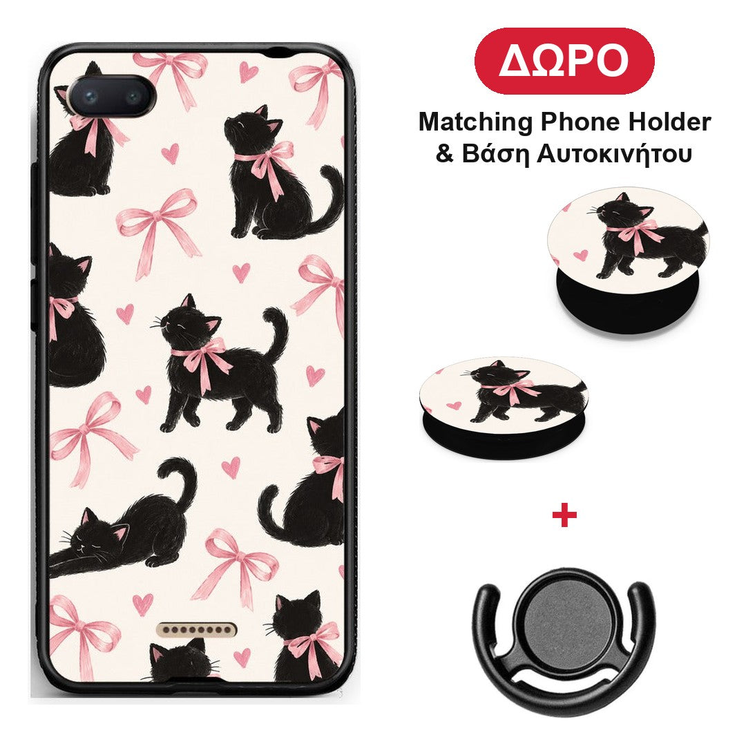 Black Kittens and Pink Bows on Cream Large - Xiaomi Redmi 6A θήκη + Δώρο Phone Holder & Βάση Αυτοκινήτου