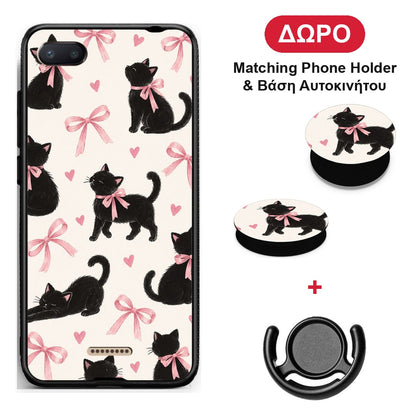 Black Kittens and Pink Bows on Cream Large - Xiaomi Redmi 6A θήκη + Δώρο Phone Holder & Βάση Αυτοκινήτου