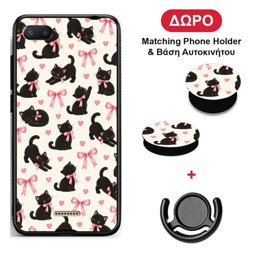 Black Kittens and Pink Bows on Cream Small - Xiaomi Redmi 6A θήκη + Δώρο Phone Holder & Βάση Αυτοκινήτου