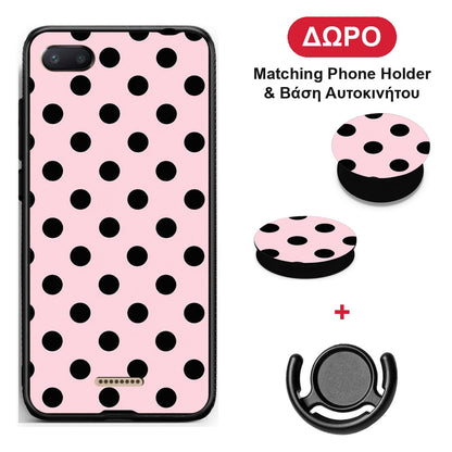 Black Polka Dots on Pink - Xiaomi Redmi 6A θήκη + Δώρο Phone Holder & Βάση Αυτοκινήτου