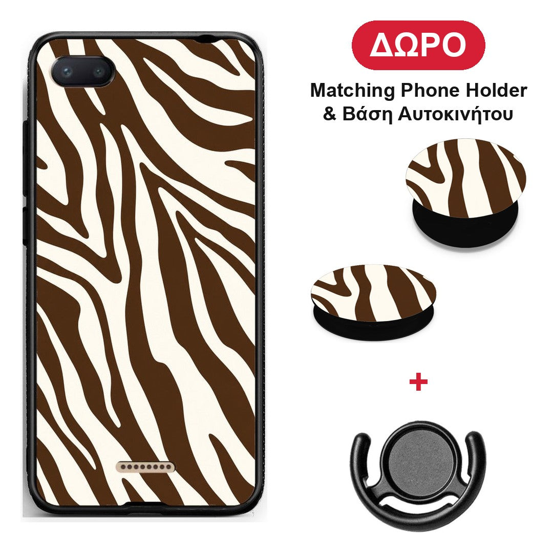 Brown and Cream Zebra Stripes - Xiaomi Redmi 6A θήκη + Δώρο Phone Holder & Βάση Αυτοκινήτου