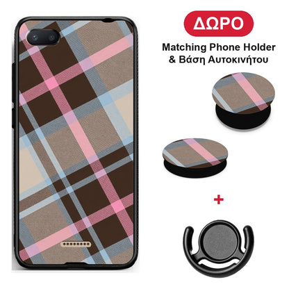Brown Pink and Blue Diagonal Plaid - Xiaomi Redmi 6A θήκη + Δώρο Phone Holder & Βάση Αυτοκινήτου