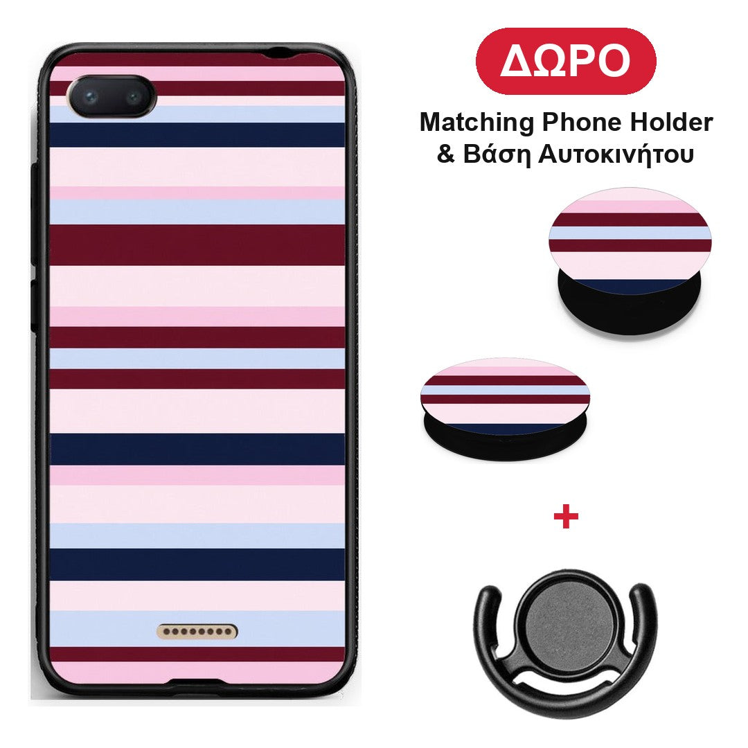 Burgundy Pink and Blue Horizontal Stripes - Xiaomi Redmi 6A θήκη + Δώρο Phone Holder & Βάση Αυτοκινήτου