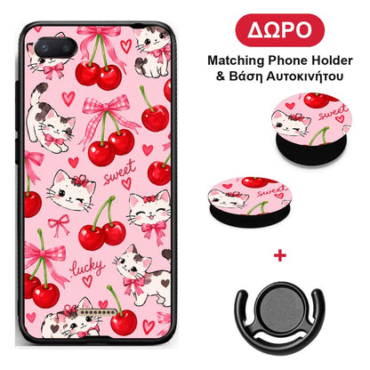 Cherries Bows and Kittens on Pink - Xiaomi Redmi 6A θήκη + Δώρο Phone Holder & Βάση Αυτοκινήτου