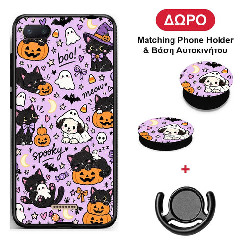 Halloween Black Cats on Lilac - Xiaomi Redmi 6A θήκη + Δώρο Phone Holder & Βάση Αυτοκινήτου
