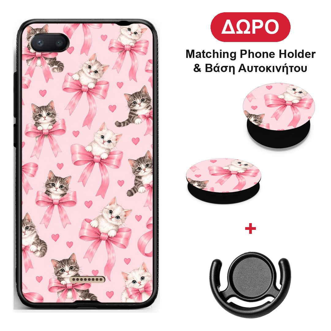 Kittens and Pink Bows on Pink - Xiaomi Redmi 6A θήκη + Δώρο Phone Holder & Βάση Αυτοκινήτου