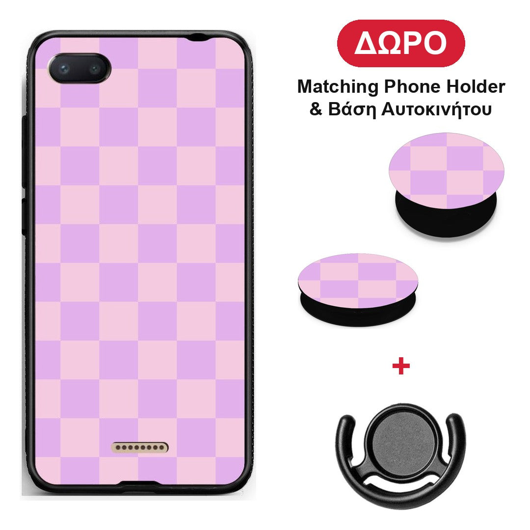Lavender and Pink Checkerboard - Xiaomi Redmi 6A θήκη + Δώρο Phone Holder & Βάση Αυτοκινήτου