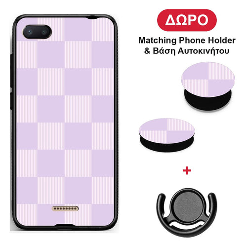 Lilac and Cream Striped Checks - Xiaomi Redmi 6A θήκη + Δώρο Phone Holder & Βάση Αυτοκινήτου