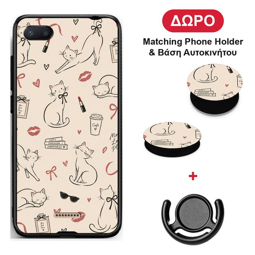 Minimal Cat and Fashion Doodles on Cream - Xiaomi Redmi 6A θήκη + Δώρο Phone Holder & Βάση Αυτοκινήτου