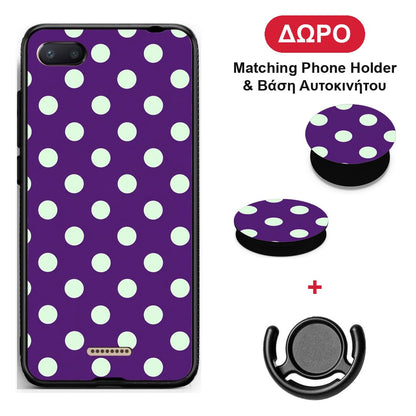 Mint Polka Dots on Purple - Xiaomi Redmi 6A θήκη + Δώρο Phone Holder & Βάση Αυτοκινήτου