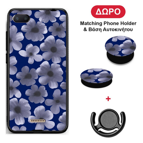 Pale Blue Flowers on Navy - Xiaomi Redmi 6A θήκη + Δώρο Phone Holder & Βάση Αυτοκινήτου