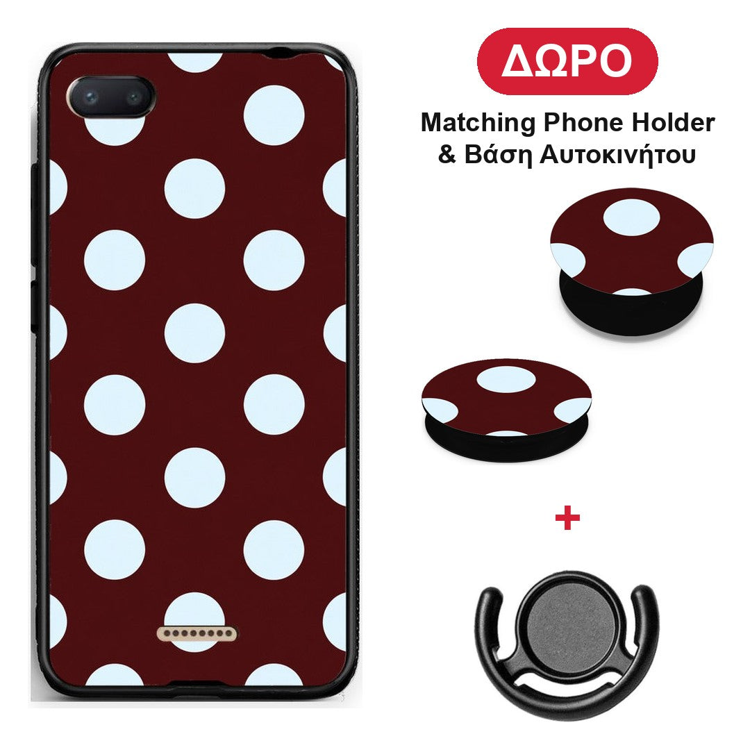 Pale Blue Large Polka Dots on Burgundy - Xiaomi Redmi 6A θήκη + Δώρο Phone Holder & Βάση Αυτοκινήτου