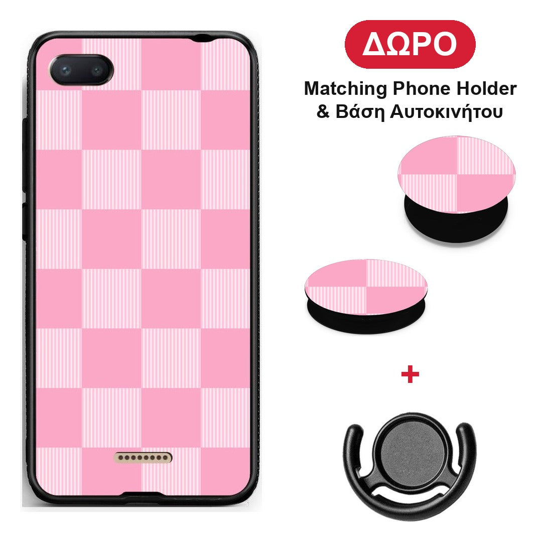 Pink and White Striped Checks - Xiaomi Redmi 6A θήκη + Δώρο Phone Holder & Βάση Αυτοκινήτου