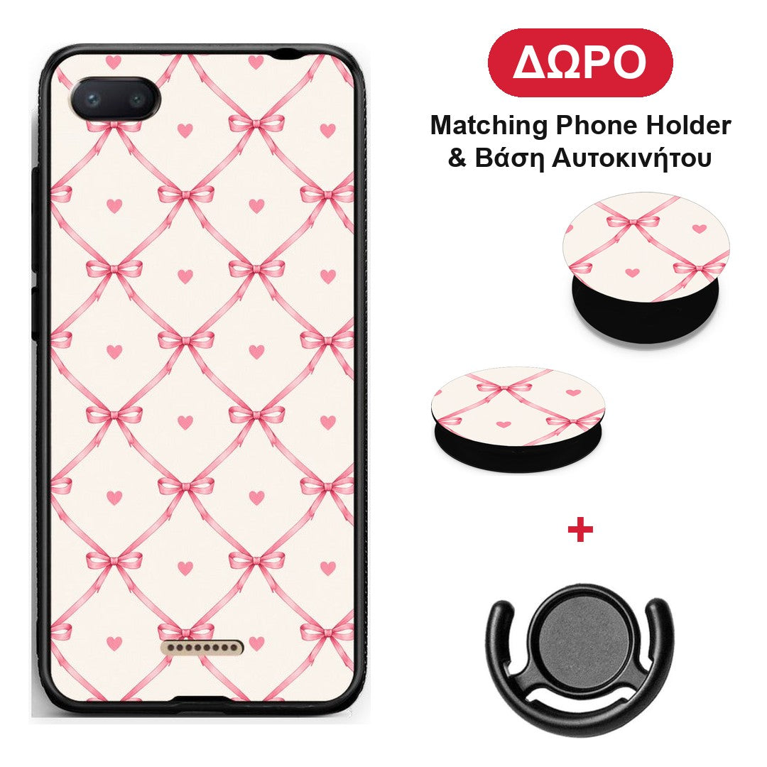 Pink Bow Lattice and Hearts on Cream - Xiaomi Redmi 6A θήκη + Δώρο Phone Holder & Βάση Αυτοκινήτου