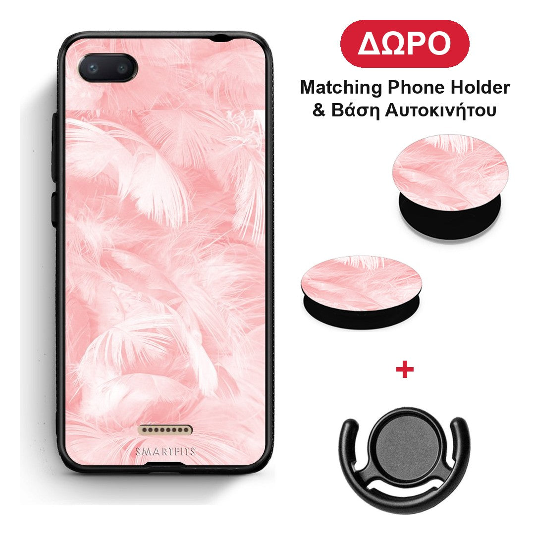 Boho Pink Feather - Xiaomi Redmi 6A θήκη + Δώρο Phone Holder & Βάση Αυτοκινήτου
