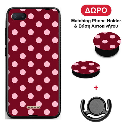 Pink Polka Dots on Burgundy - Xiaomi Redmi 6A θήκη + Δώρο Phone Holder & Βάση Αυτοκινήτου