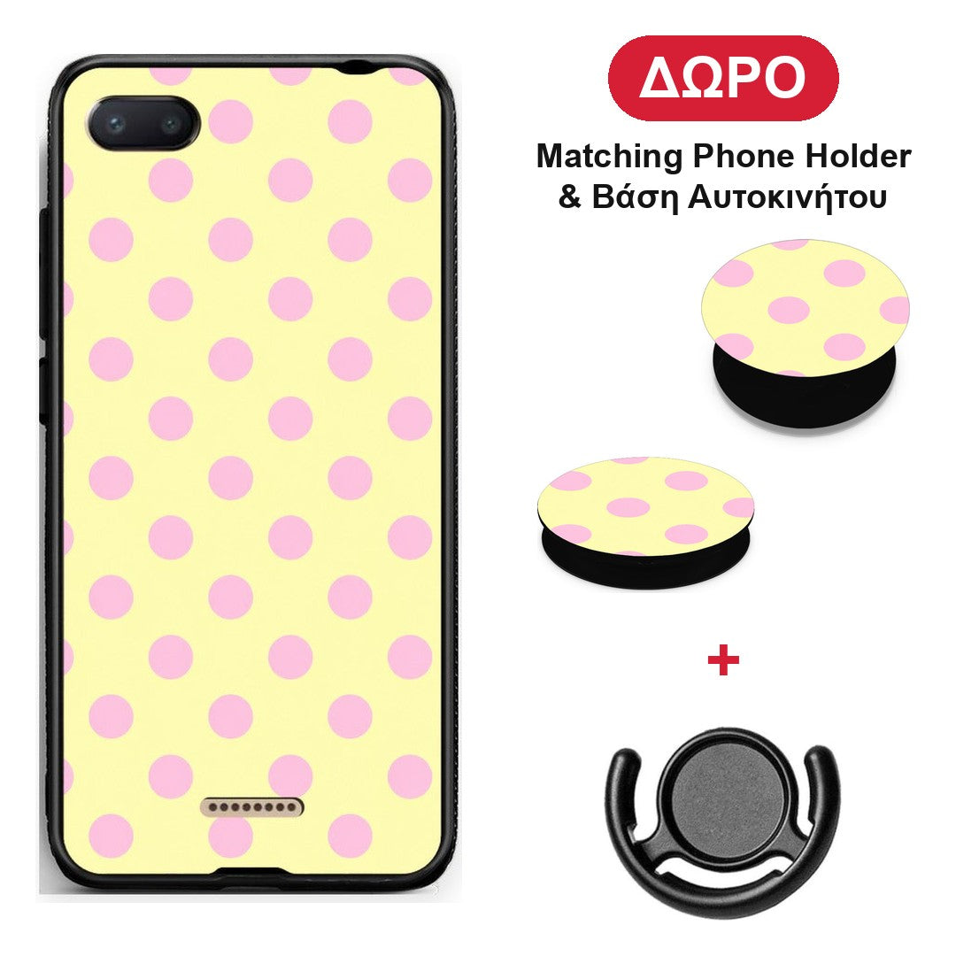 Pink Polka Dots on Yellow - Xiaomi Redmi 6A θήκη + Δώρο Phone Holder & Βάση Αυτοκινήτου