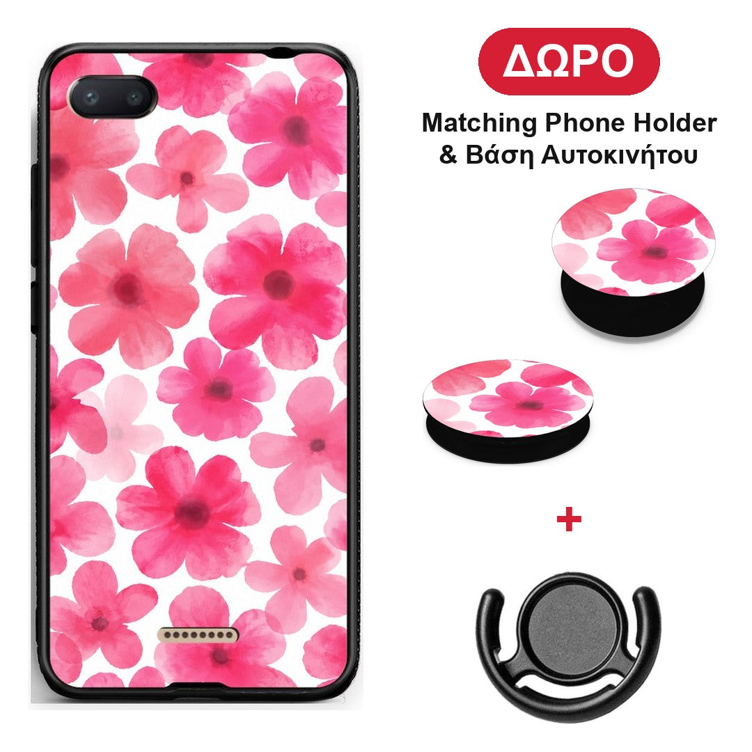Pink Watercolour Flowers on White - Xiaomi Redmi 6A θήκη + Δώρο Phone Holder & Βάση Αυτοκινήτου