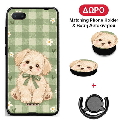 Puppy and Daisies on Sage Gingham - Xiaomi Redmi 6A θήκη + Δώρο Phone Holder & Βάση Αυτοκινήτου
