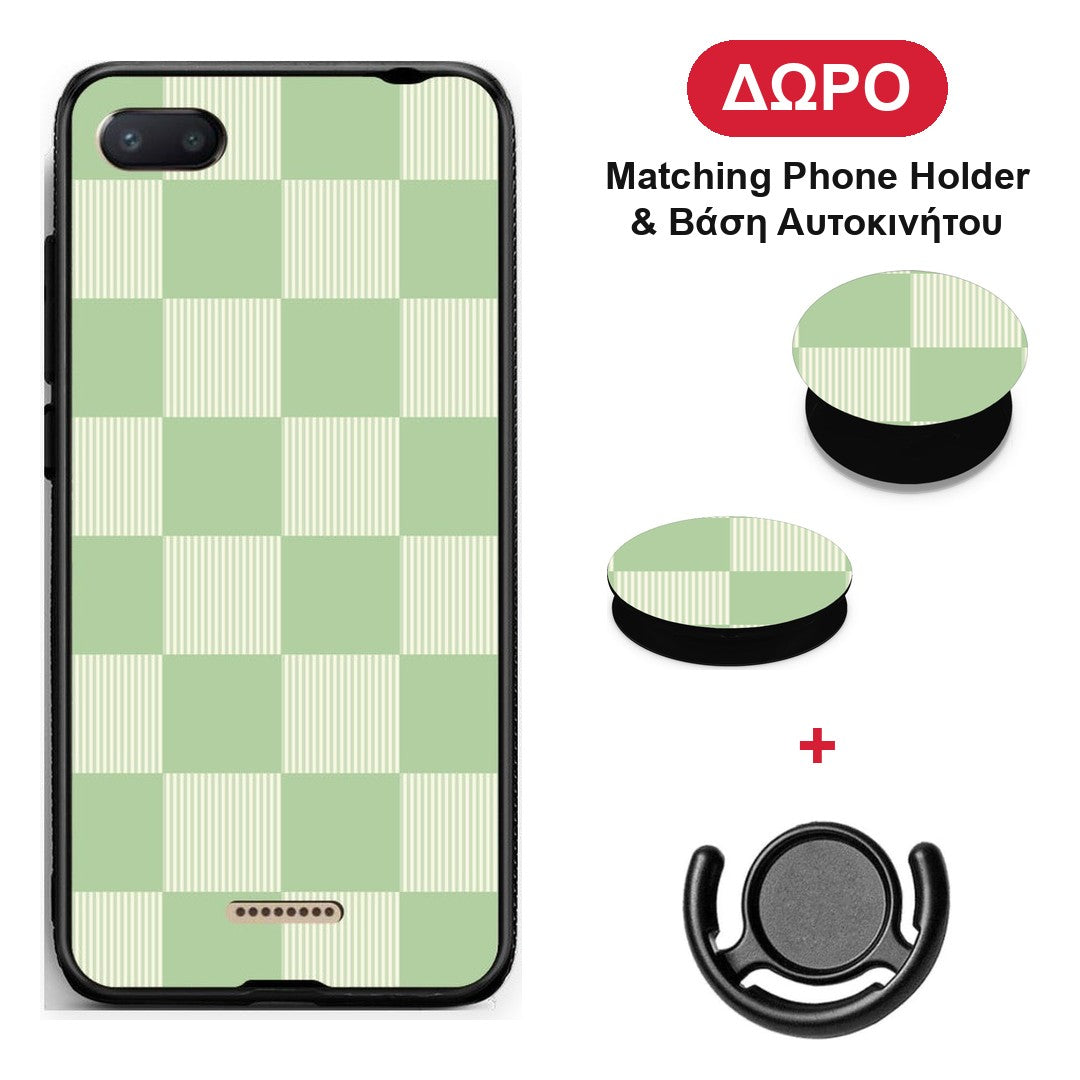Sage and Cream Striped Checks - Xiaomi Redmi 6A θήκη + Δώρο Phone Holder & Βάση Αυτοκινήτου