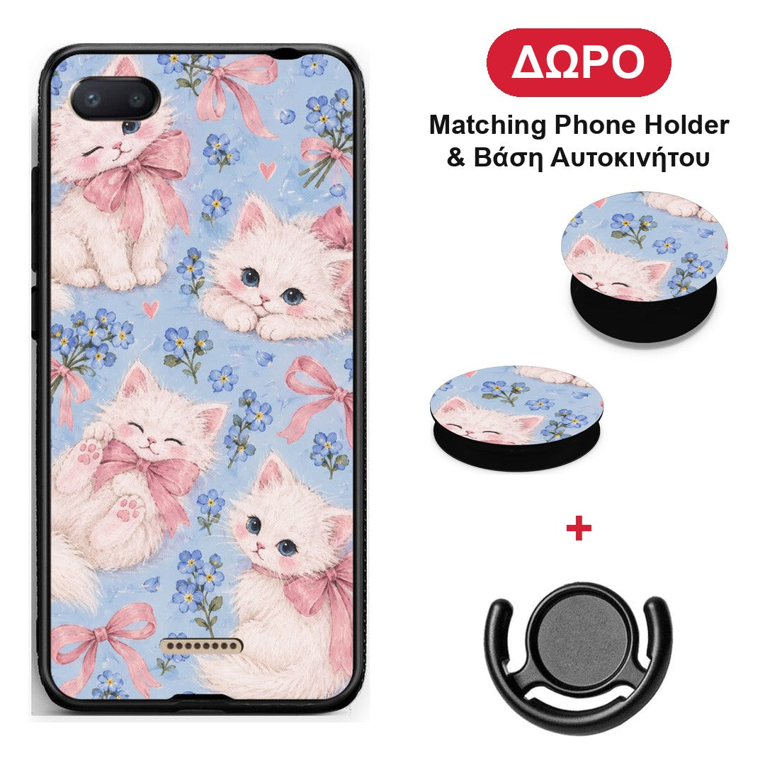 White Kittens and Blue Flowers Large - Xiaomi Redmi 6A θήκη + Δώρο Phone Holder & Βάση Αυτοκινήτου