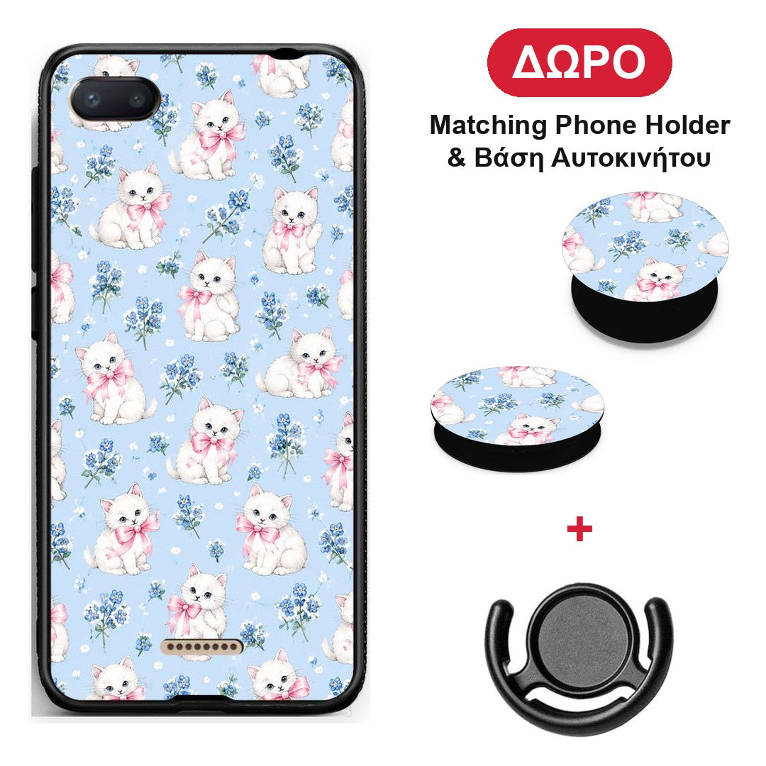 White Kittens and Blue Flowers Small - Xiaomi Redmi 6A θήκη + Δώρο Phone Holder & Βάση Αυτοκινήτου