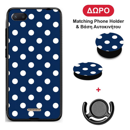 White Large Polka Dots on Navy - Xiaomi Redmi 6A θήκη + Δώρο Phone Holder & Βάση Αυτοκινήτου