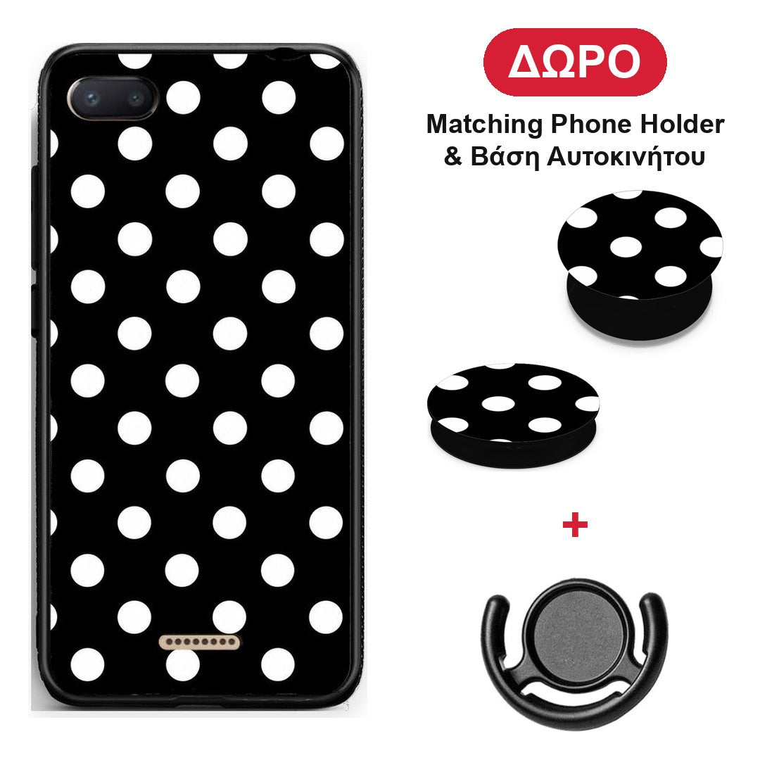 White Polka Dots on Black - Xiaomi Redmi 6A θήκη + Δώρο Phone Holder & Βάση Αυτοκινήτου