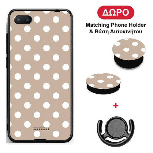 White Polka Dots on Taupe - Xiaomi Redmi 6A θήκη + Δώρο Phone Holder & Βάση Αυτοκινήτου