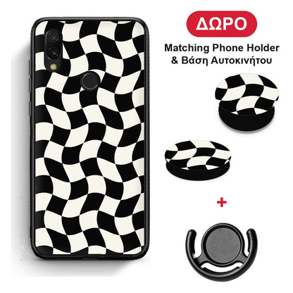 Black and Cream Wavy Checkerboard - Xiaomi Redmi 7 θήκη + Δώρο Phone Holder & Βάση Αυτοκινήτου