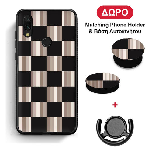Black and Taupe Striped Checks - Xiaomi Redmi 7 θήκη + Δώρο Phone Holder & Βάση Αυτοκινήτου