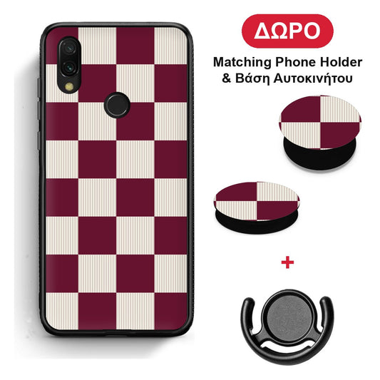 Burgundy and Cream Striped Checks - Xiaomi Redmi 7 θήκη + Δώρο Phone Holder & Βάση Αυτοκινήτου