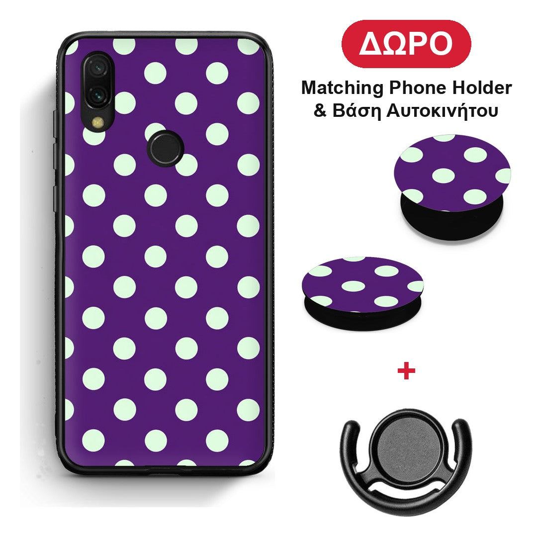 Mint Polka Dots on Purple - Xiaomi Redmi 7 θήκη + Δώρο Phone Holder & Βάση Αυτοκινήτου