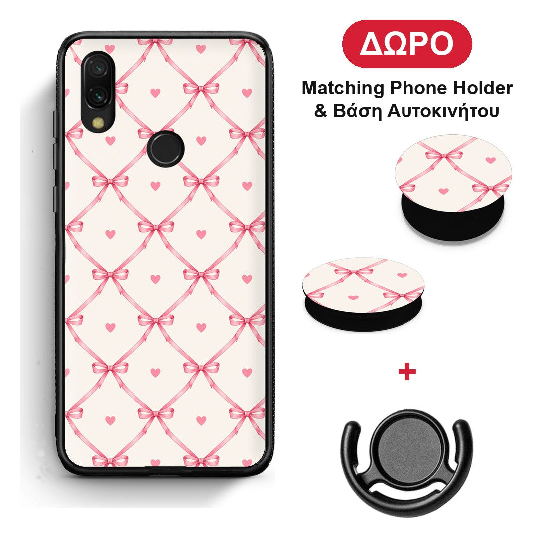 Pink Bow Lattice and Hearts on Cream - Xiaomi Redmi 7 θήκη + Δώρο Phone Holder & Βάση Αυτοκινήτου