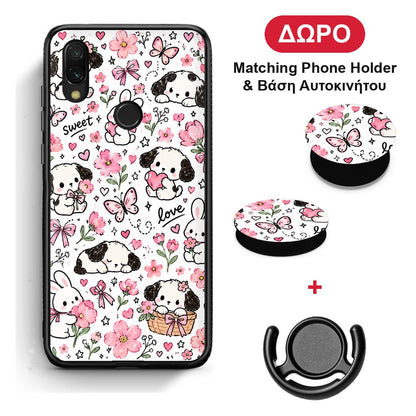 Pink Florals Puppies and Bunnies on White - Xiaomi Redmi 7 θήκη + Δώρο Phone Holder & Βάση Αυτοκινήτου