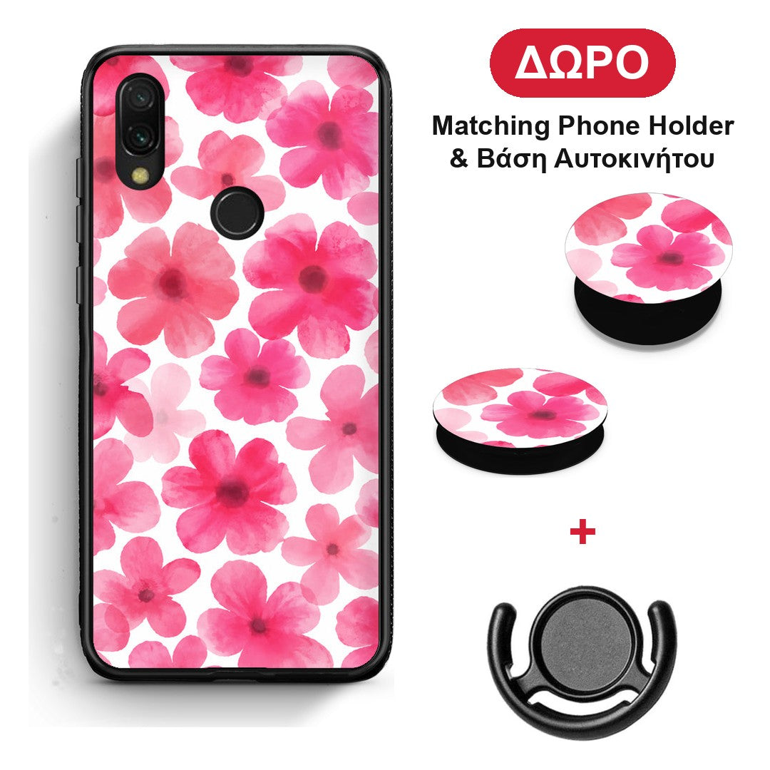 Pink Watercolour Flowers on White - Xiaomi Redmi 7 θήκη + Δώρο Phone Holder & Βάση Αυτοκινήτου